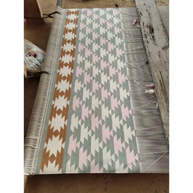Textile Handmade Cotton Area Rug, Vegetable Dyed, Gray, Pink, Cream and Tan Geometric Dhurrie -6'x12' For Sale - Image 7 of 13