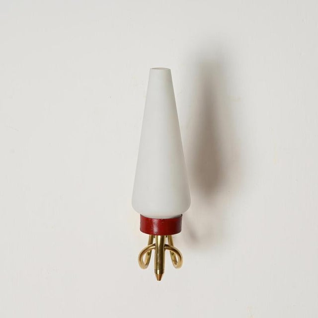 Sconces in Brass, Opal Glass and Red Metal attributed to Oscar Torlasco, Italy, 1950s, Set of 2 For Sale - Image 12 of 14
