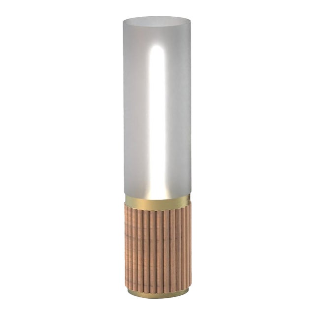 1980s Mid Century Tambo Cylindro Brass Table Lamp - 18" Petite Accent Lamps, Natural Ash, Weathered Brass, Frosted Acrylic, Dimmer Switch For Sale