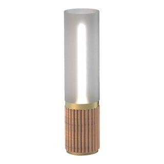 1980s Tambo Cylindro 18" Petite Accent Table Lamp, Natural Ash, Weathered Brass, Frosted Acrylic, Dimmer Switch For Sale