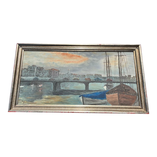 Mid 20th C. European Seaport Painting, Framed For Sale