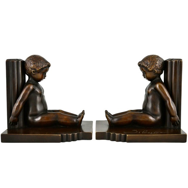 Art Deco Bronze Bookends with Children by Paul Silvestre, 1920s, Set of 2 For Sale - Image 4 of 14