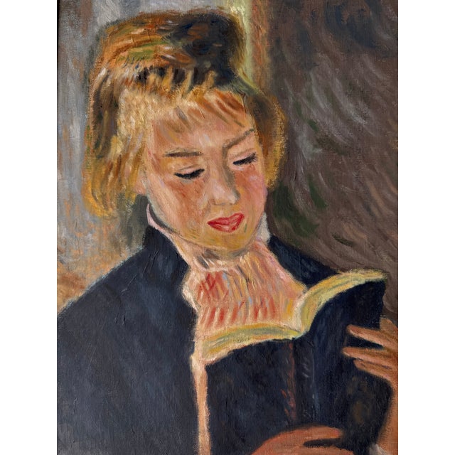 1960s Vintage Woman Reading Portrait Oil on Masonite Board, Framed For Sale - Image 5 of 11
