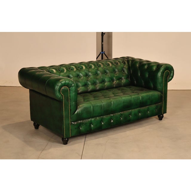 High Quality Tufted Green Leather Six Foot Sofa or Loveseat with Brass Tack Trim, Mounted on Turned Feet