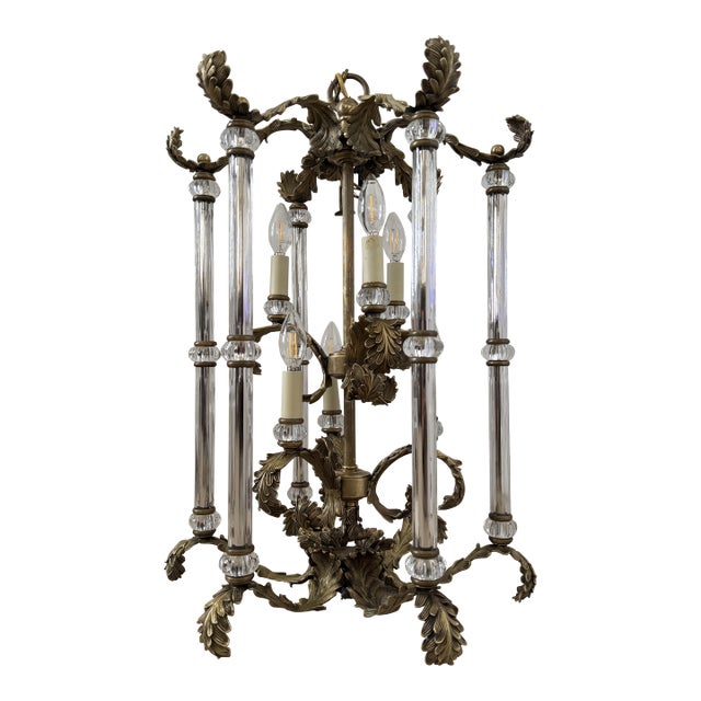 Vintage French Louis XVI Gilded Brass & Crystal Luminaire/Chandelier For Sale