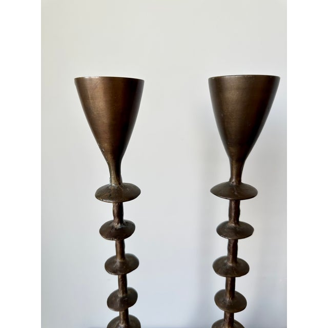 Metal Large Vintage Brutalist Hand Forged Brass Candlesticks, 1960s, Set of 2 For Sale - Image 7 of 17