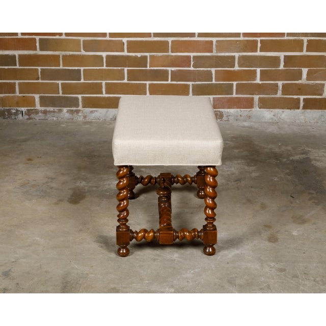 Brown French 19th Century Barley Twist Stool with Finial and Custom Linen Upholstery For Sale - Image 8 of 12