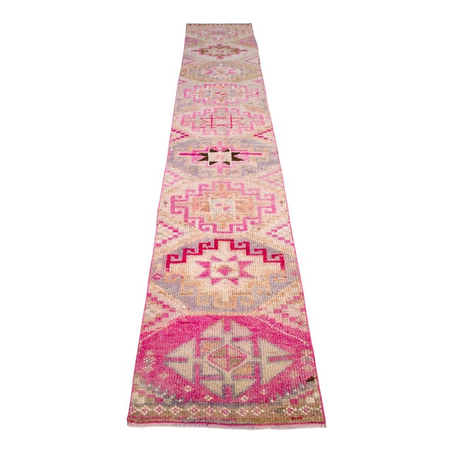 1970s Pink Turkish Hand-Knotted Distressed Runner Rug For Sale