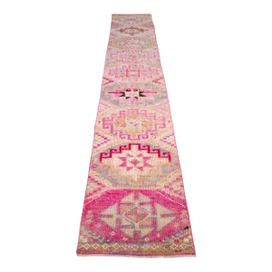 1970s Pink Turkish Hand-Knotted Distressed Runner Rug