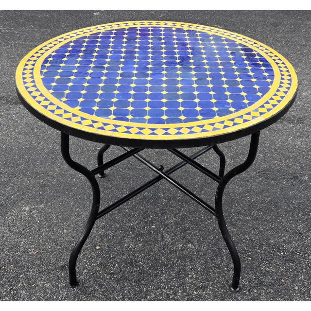 Moroccan 40" Handcrafted Cobalt Blue and Yellow Moroccan Mosaic Table For Sale - Image 3 of 7