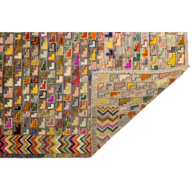 Contemporary Contemporary Hand-Knotted Baluch Style Rug Vibrant L-Shaped Motif Geometric Wool For Sale - Image 3 of 11