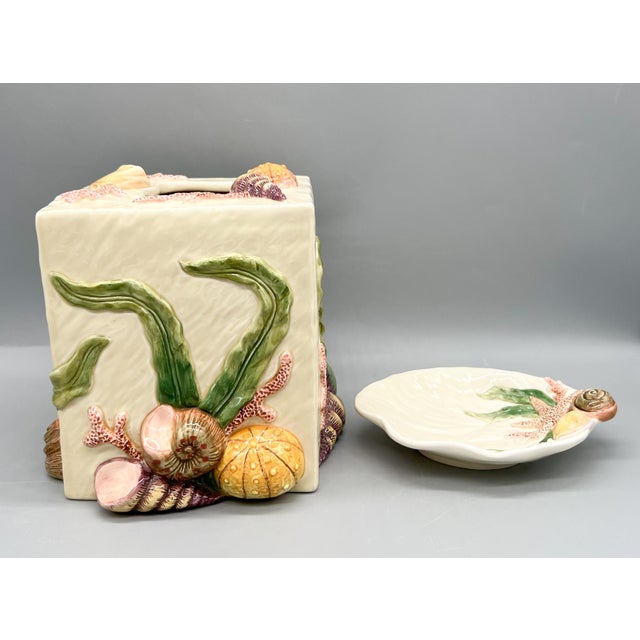 Vintage Fitz & Floyd Oceana Seashell Ceramic Tissue Box Cover & Soap Dish – Coastal / Palm Beach For Sale - Image 11 of 16