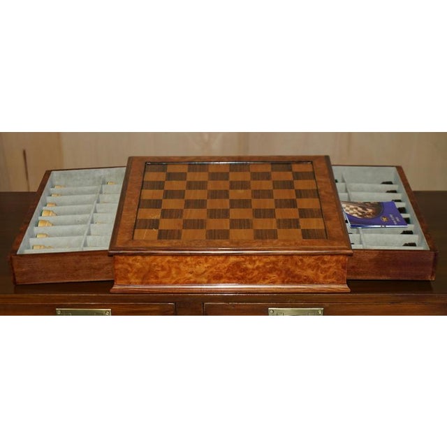 Vintage Burr Walnut Velvet Drawer Chessboard and Chess Set from Staunton, Set of 33 For Sale - Image 17 of 18