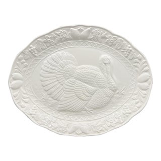 Vintage Thanksgiving Turkey Embossed White Ceramic Serving Platter- Fall/ Autumn Americana For Sale