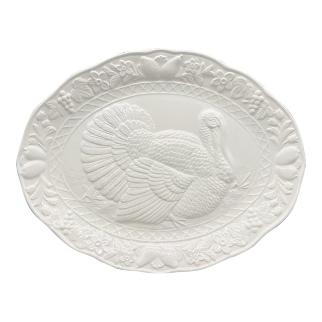 Vintage Thanksgiving Turkey Embossed White Ceramic Serving Platter- Fall/ Autumn Americana For Sale