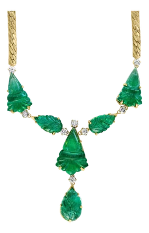 115 Ct Natural Carved Drop Emerald & 4 Ct Diamond Necklace 18 Kt Gold Necklace