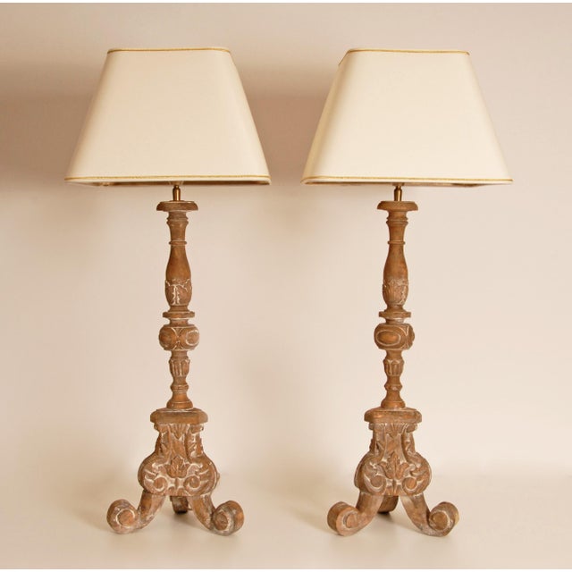 Vintage French Country Lamps Carved Wood a Pair For Sale - Image 11 of 12