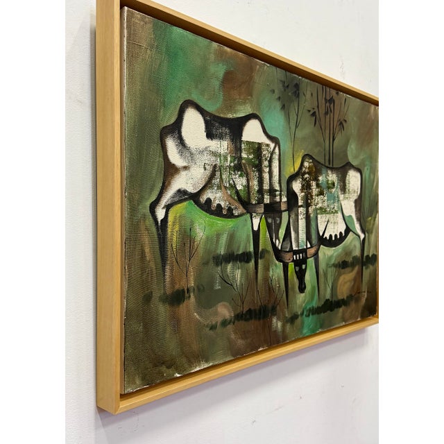 1970s Abstract Expressionist Oil Painting of 2 Steers on Canvas, Newly Framed Offered for sale is a 1970s stylized...