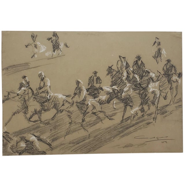 Mid-Century Charcoal Sketch of Men on Horses by Mystery Artist C.1959 For Sale