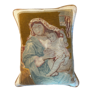 Victorian Revival Needlepoint Pillow With Religious Iconography