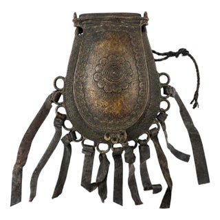 Antique West African Nupe Cast Bronze Ceremonial Purse with Leather Tassels For Sale