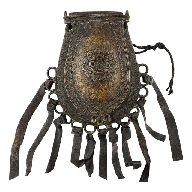 Antique West African Nupe Cast Bronze Ceremonial Purse with Leather Tassels For Sale