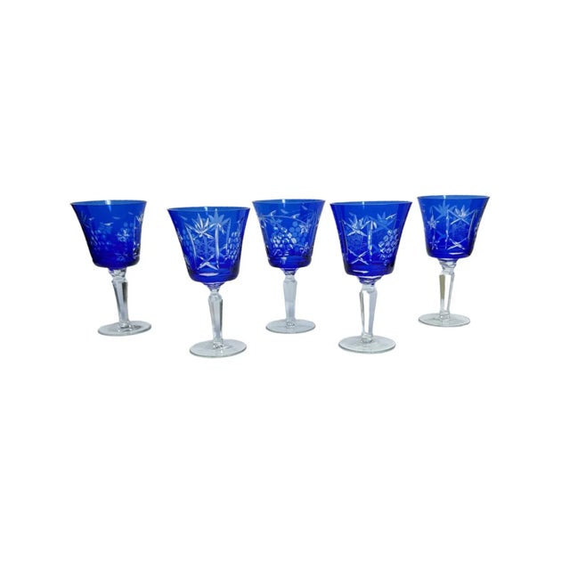Cobalt Blue Cut to Clear Crystal Glasses- Set of 5 For Sale - Image 11 of 11