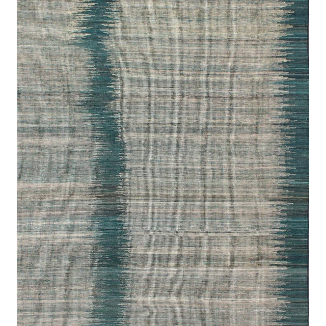 Modern Design Kilim Rug With Vertical Strip in White, Cream, Gray and Teal For Sale - Image 4 of 12