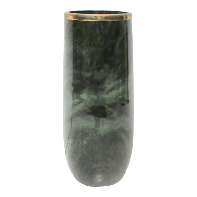Dark Green Nephrite Vase With Brass Rim For Sale