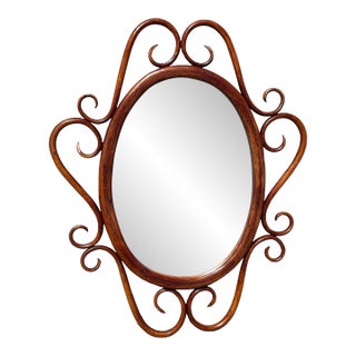1900s Late Victorian Thonet Style Scrolling Bent Oak Wall 30" Mirror For Sale