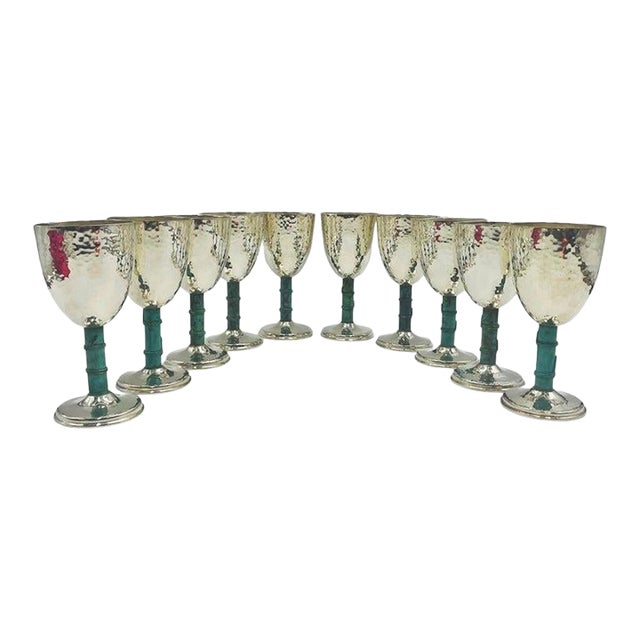 1980s Set of 10 Emilia Castillo Silver-Plated Goblets W/ Verdigris Stems For Sale