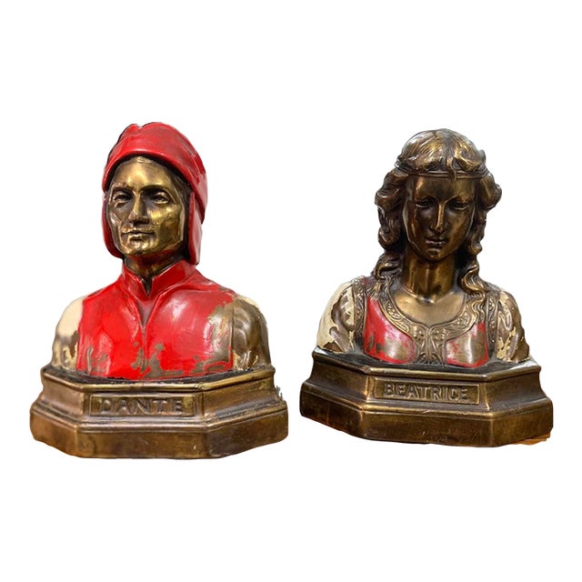 Antique Art Nouveau Dante & Beatrice Figural Bronze Bookends – Heavy Painted Bust Pair For Sale