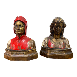 Antique Art Nouveau Dante & Beatrice Figural Bronze Bookends – Heavy Painted Bust Pair
