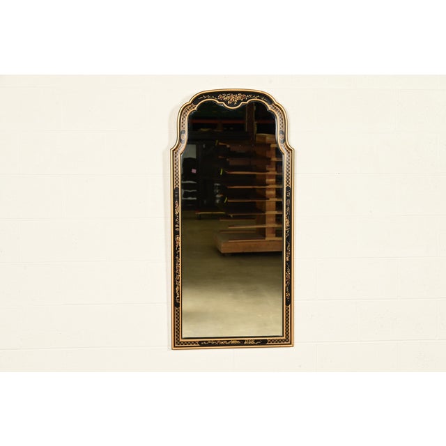 Drexel Heritage Hollywood Regency Chinoiserie Hand-Painted Black Lacquered Tall Wall Mirror For Sale - Image 12 of 12