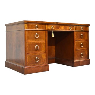 Mid Century Flame Mahogany Banded and Inlaid Leather Top Desk For Sale