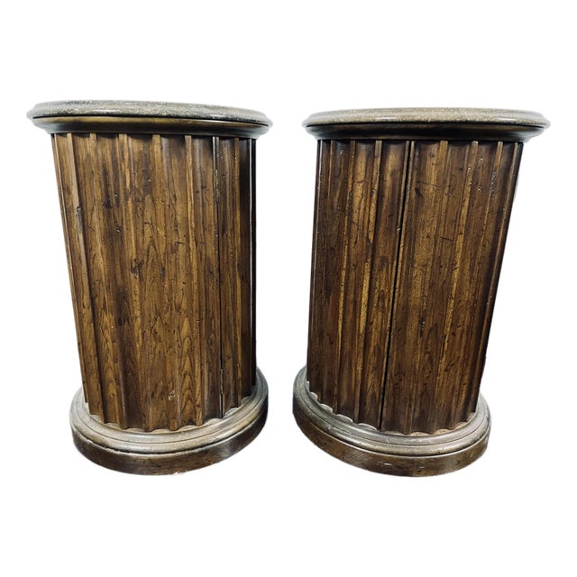 Vintage Neoclassical Style Marble Top Wooden Pedestal Side Tables—A Pair For Sale