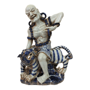 Chinese Vintage Ceramic Buddhist Sculpture,Hand Carved Blue and White Porcelain the Eighteen Arhats Statue