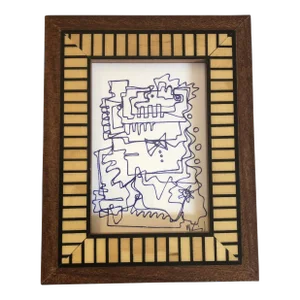 Original Vintage Wayne Cunningham Small Abstract Ink Drawing Vintage Inlaid Wood Frame