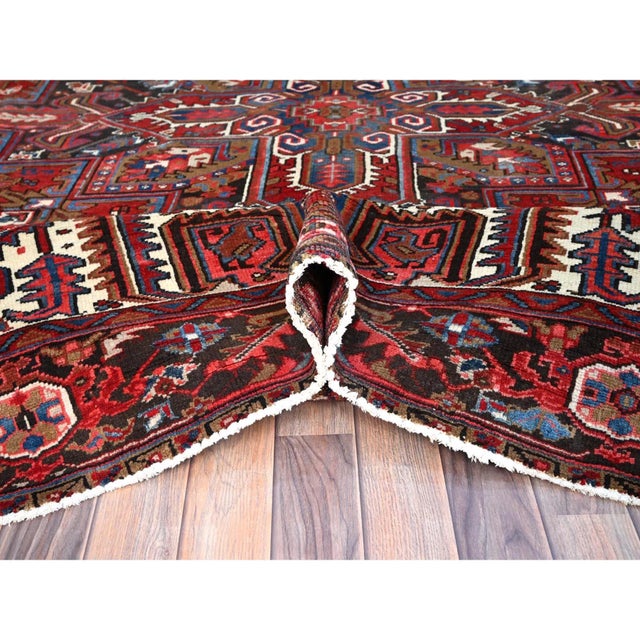 1960 8'2"x10'10" Red Hand Knotted Pure Wool Centre Geometric Medallion Worn Down Rug For Sale - Image 9 of 12