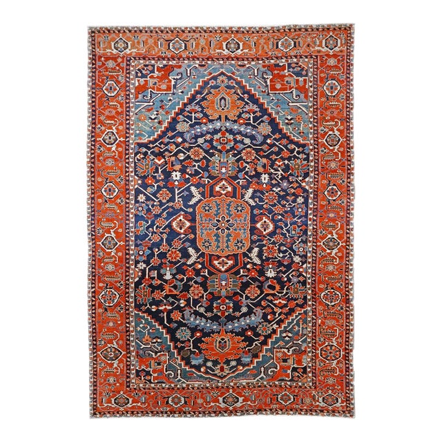 1930s Persian Serapi Wool 13x19 Blue & Red Handmade Area Rug #1143922 For Sale