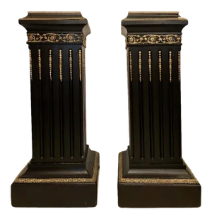Hollywood Regency Neoclassical Ebony Pedestals, Bronze Mounted Marble Tops - a Pair