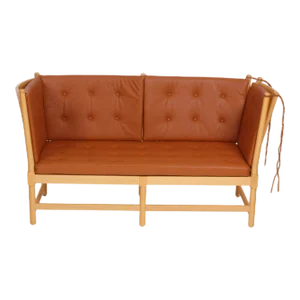 Spoke-Back Sofa with Cognac Bison Leather by Børge Mogensen for Fritz Hansen, 1990s