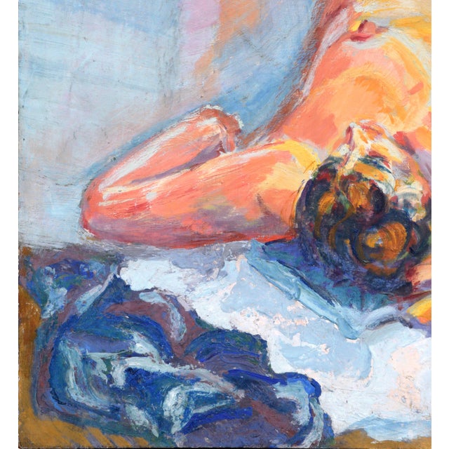 Brightly colored reclining nude woman by "Francis" an unknown artist. Tempera painting on masonite. Unframed with no...