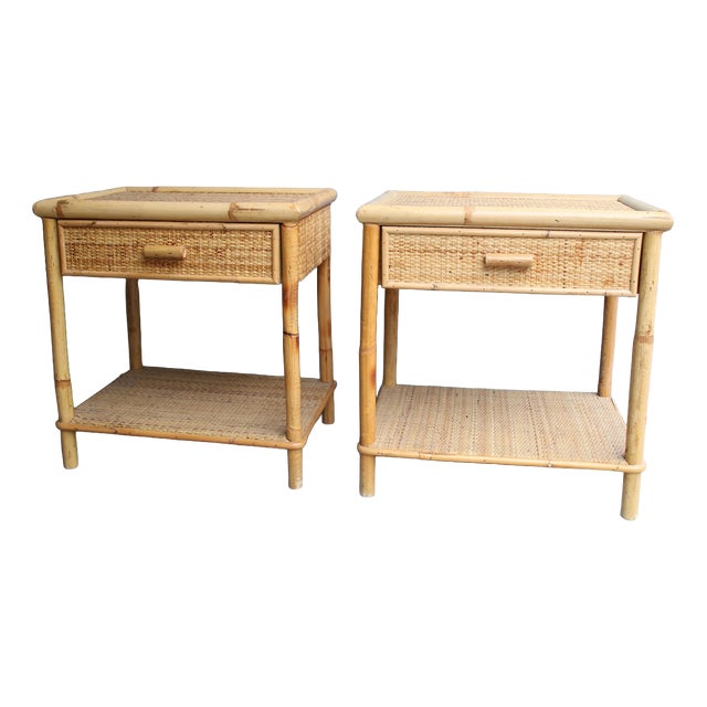 Italian Bamboo Nightstands with Drawers and Shelves, 1970s, Set of 2 For Sale