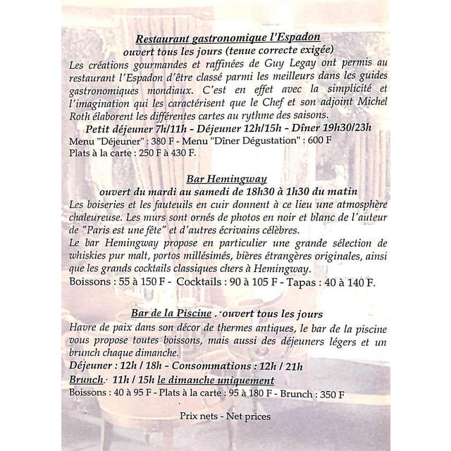 Paper Ritz Paris Cocktail Menu/ Price List For Sale - Image 7 of 8