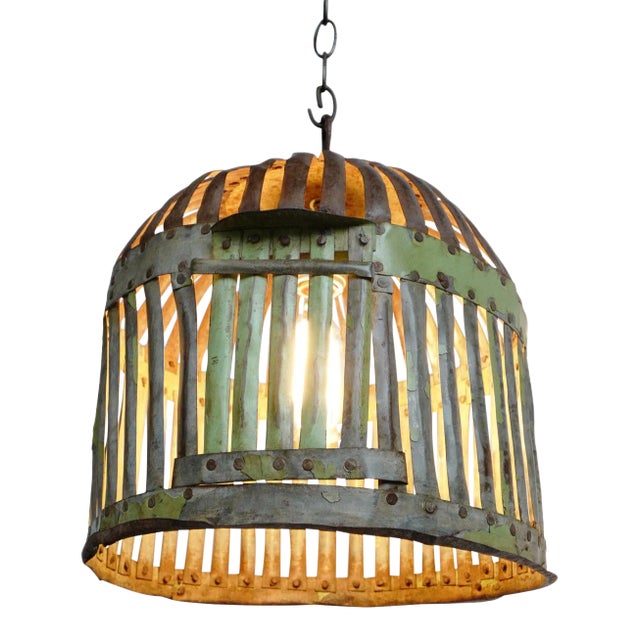 Farmhouse Industrial Vintage Green Iron Basket Cage Pendant Light For Sale - Image 3 of 8
