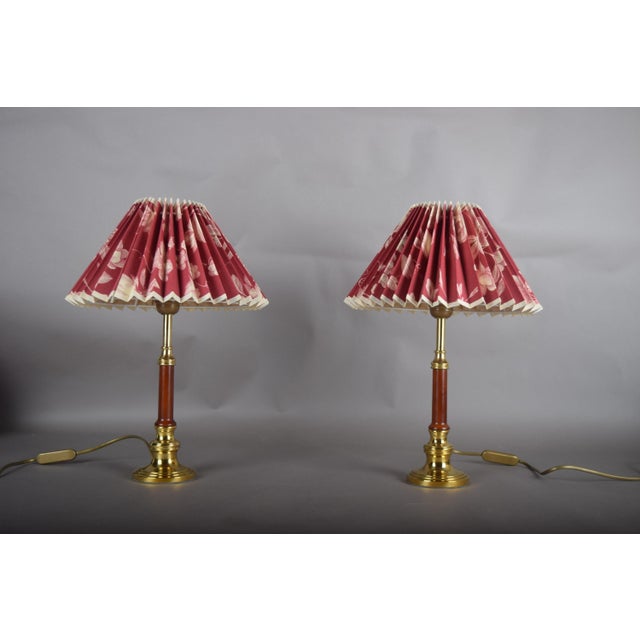Brass and Wood Table Lamps with Pleated Floral Shades, 1970s, Set of 2 For Sale - Image 3 of 12