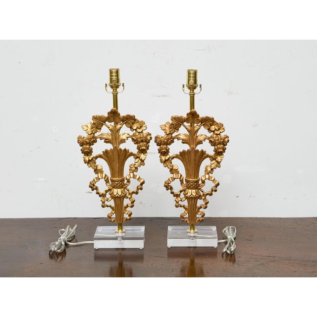 19th Century 19th Century French Giltwood Floral Fragments Made into Lamps on Custom Lucite Bases - a Pair For Sale - Image 5 of 12