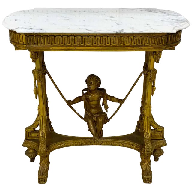 19th Century French Giltwood Swinging Putto Marble Top Table/ Ferner For Sale