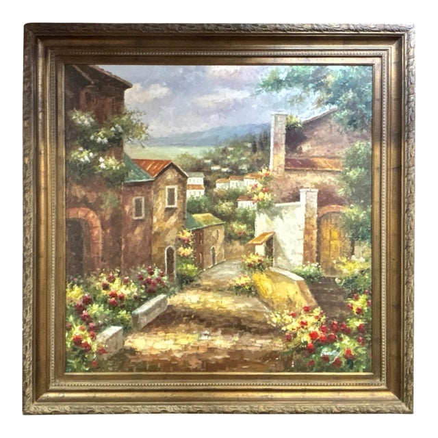 Monumental Tuscan Village Landscape Oil Painting in Carved Gilt Frame 70” X 60” For Sale